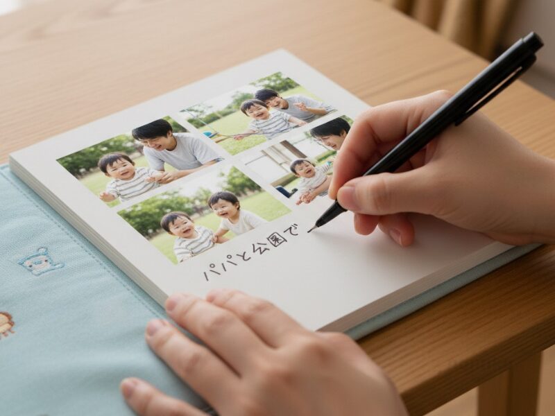 写真アルバムに"パパと公園で"と書き込む手元。